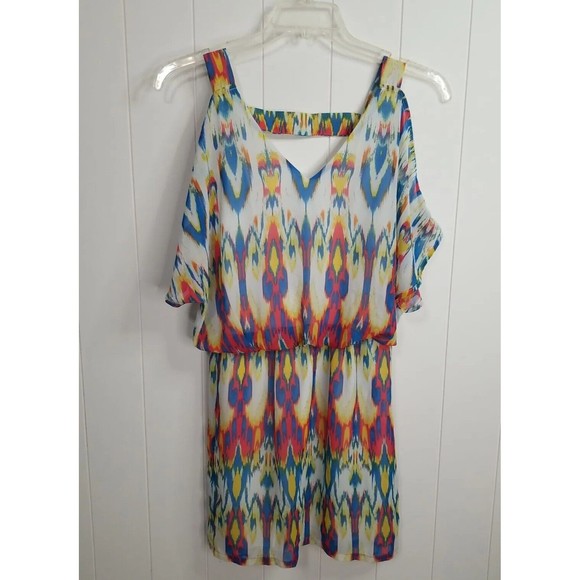 Bisou Bisou Dress Womens Size 4 Chiffon Cold Shoulder Multicolor Lined - Picture 1 of 15